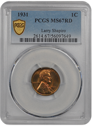 1931 1C Lincoln Cent - Type 1 Wheat Reverse PCGS RD #3413 MS67