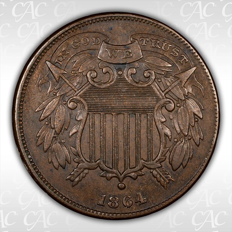 1864 2C Small Motto CACG AU58BN 