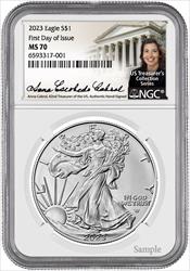 2023 $1 1oz. American Silver Eagle, FDI, MS70, NGC, Anna Cabral 