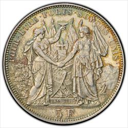 1876 Switzerland 5 Fr PCGS AU55 