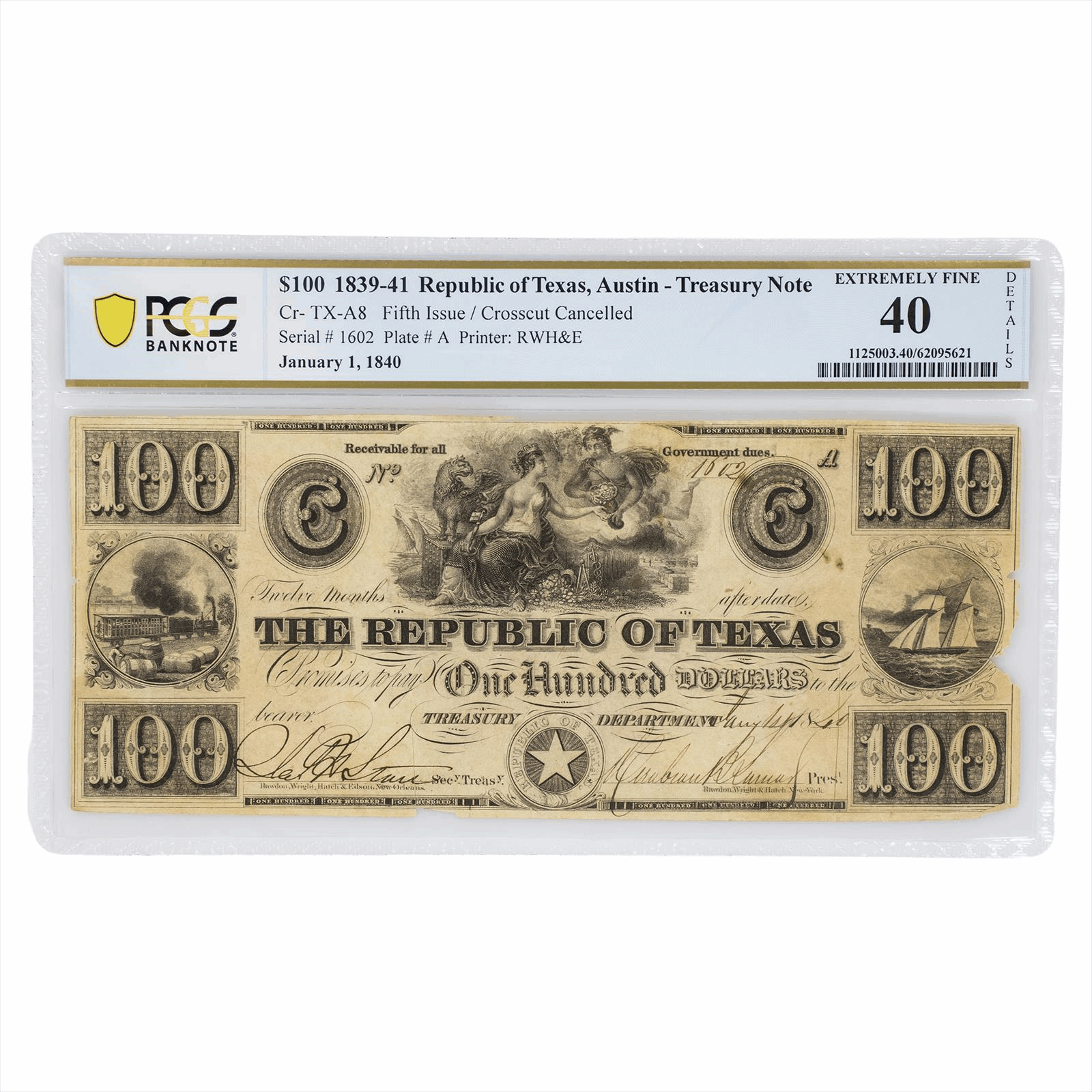 1840 Republic of Texas $100 Austin Red Back Treasury Note PCGS XF 40