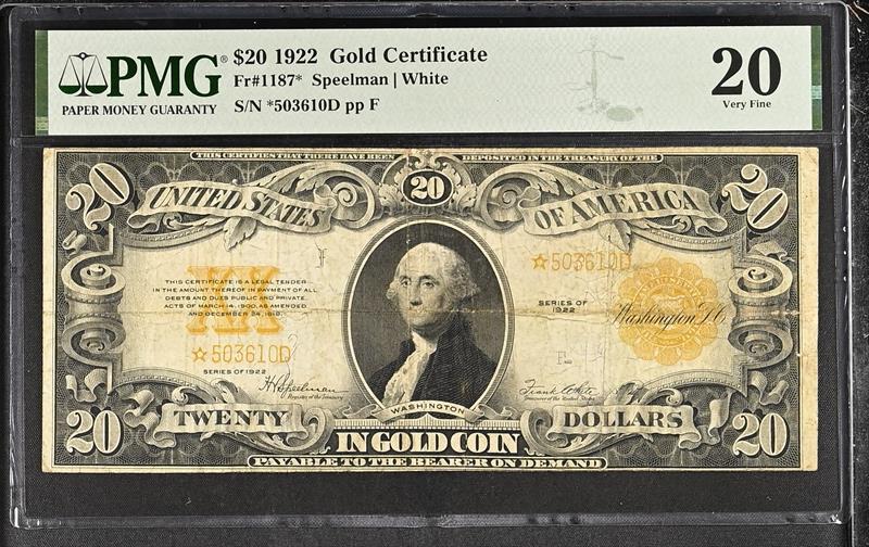 Fr#1187* 1922 $20 Gold Certificate PMG VF20 