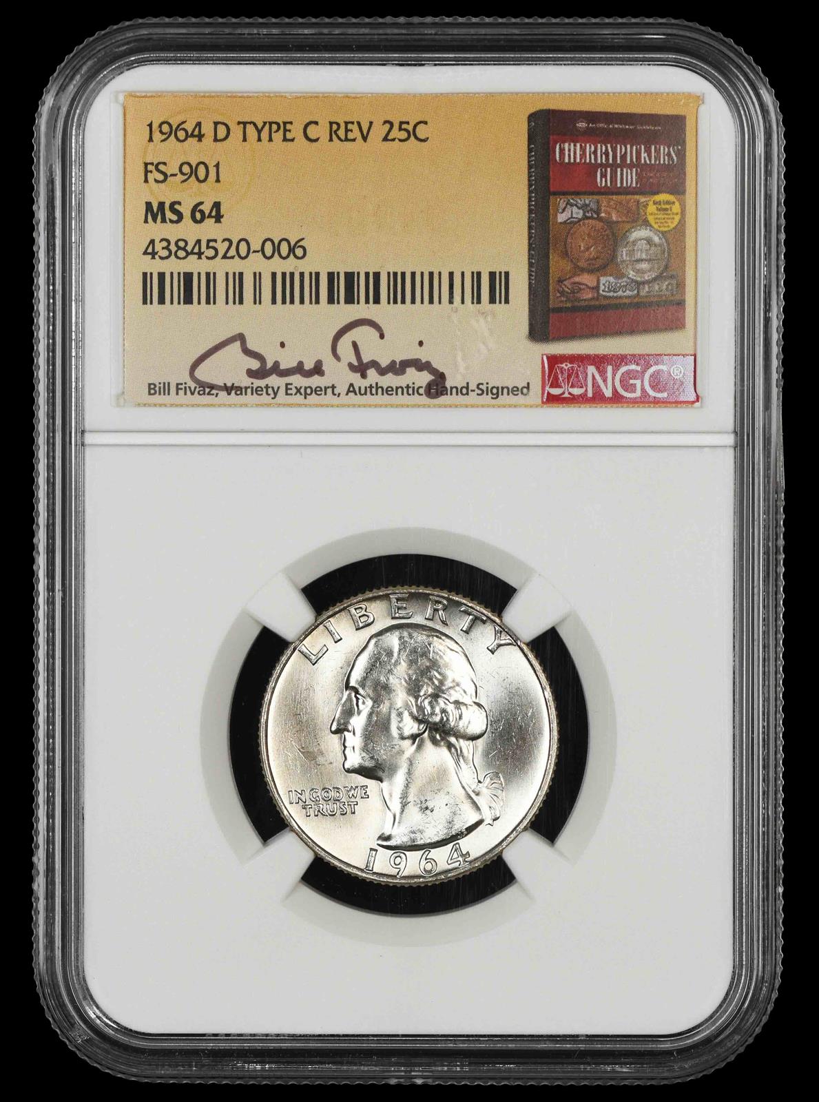 1964 D Washington Quarter NGC MS64 Type C Reverse FS-901 Bill Fivaz Signature Label MS64