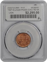 1927-S Lincoln PCGS (CAC) RD 64 