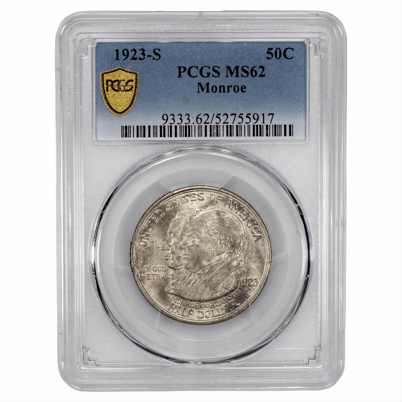 1923-S Monroe Commemorative Half Dollar 50C PCGS MS 62