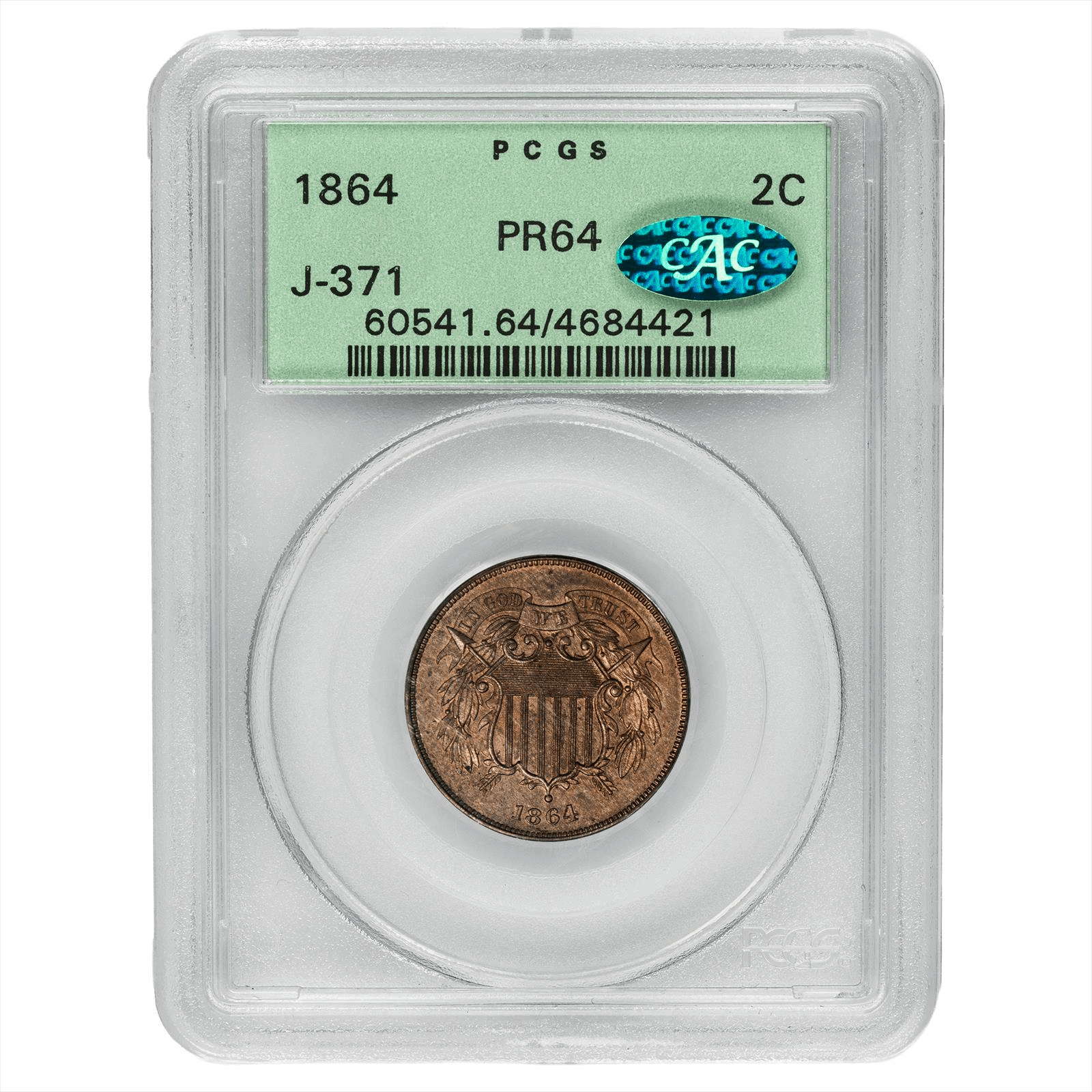 1864 Two Cent Shield Pattern 2C J371 PCGS PR 64 CAC