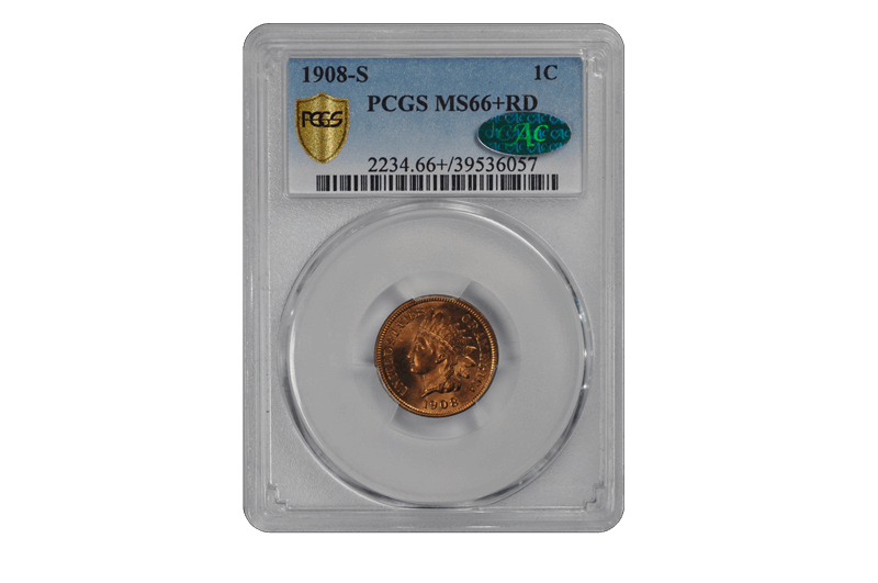 1908-S 1C Indian Cent - Type 3 Bronze PCGS RD (CAC) #3672-2 MS66+