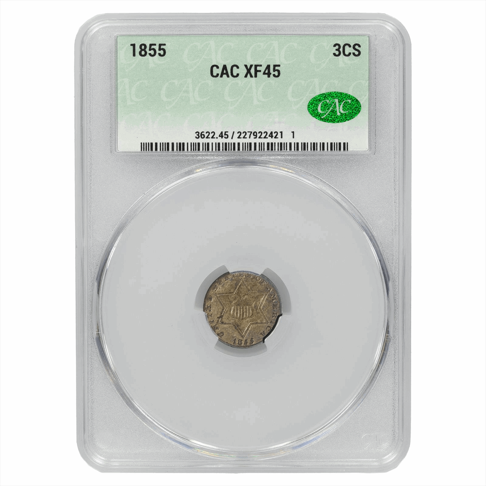 1855 Three Cent 3CS CACG XF 45 CAC