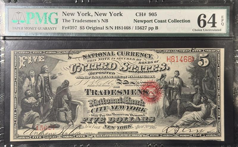 Fr #397 1865 $5 New York Ch# 905 National Currency PMG 64 EPQ  