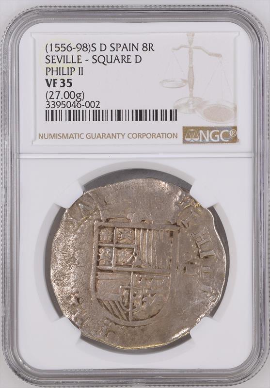 1556-98 Spain 8 Reales Seville- Square D Philip II NGC VF35 