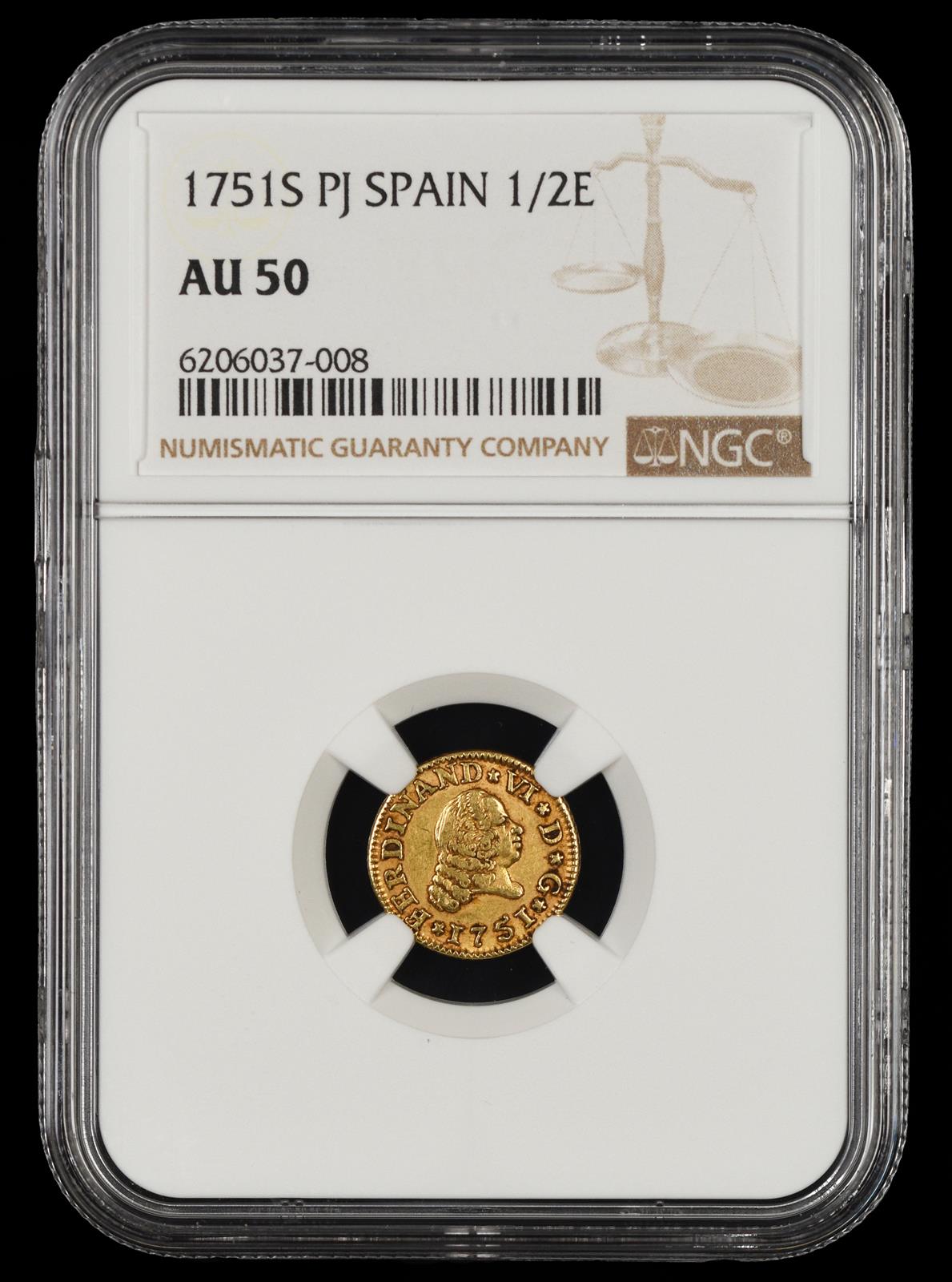 1751 S PJ Spain 1/2 Escudo NGC AU50