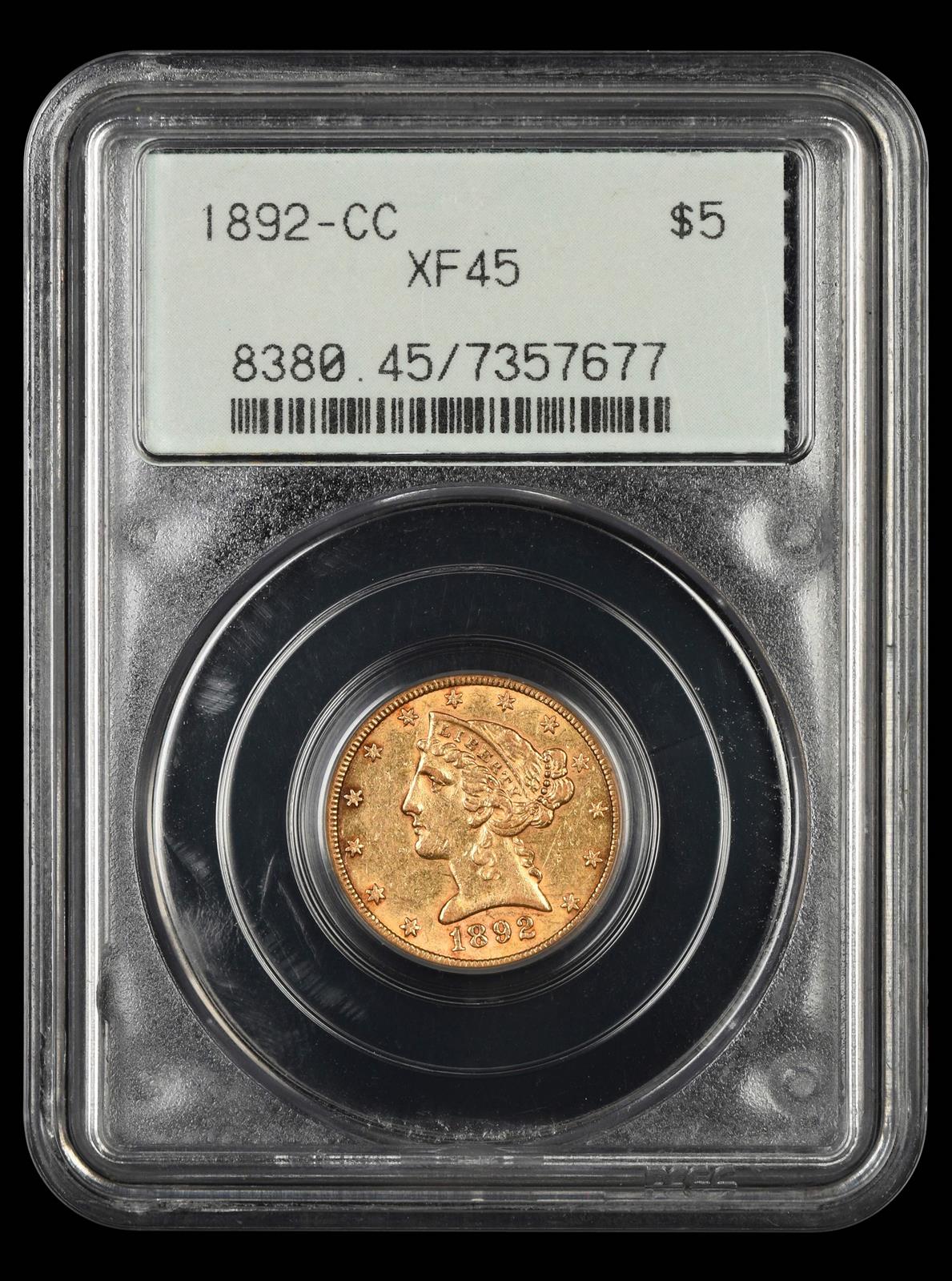 1892 CC $5 Gold PCGS XF45