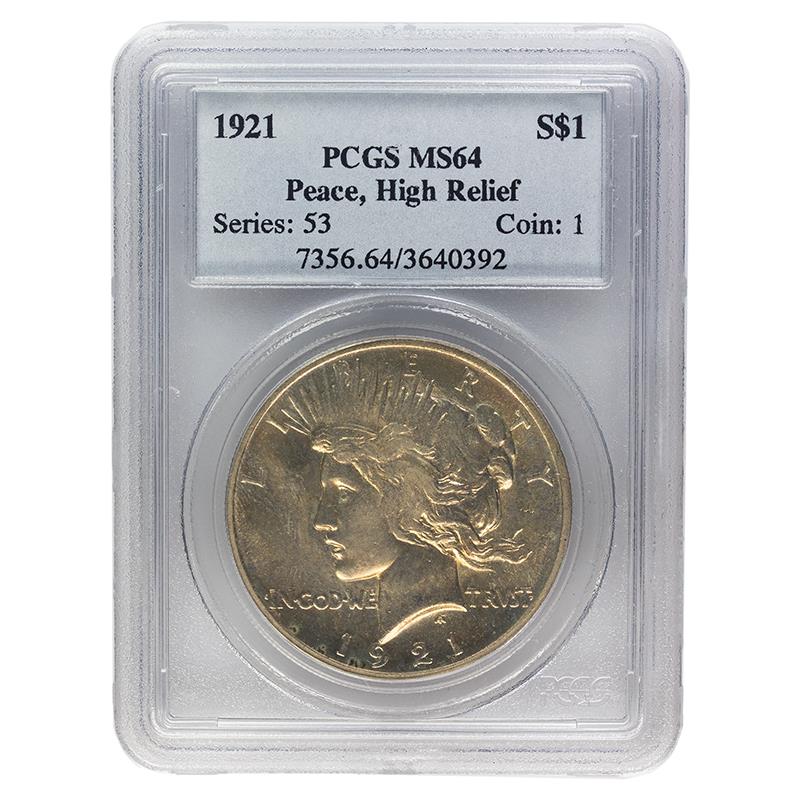 1921 PEACE DOLLAR HIGH RELIEF, $1 PCGS  MS 64