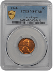 1934-D Lincoln Cent  PCGS RD #3470-1 MS67