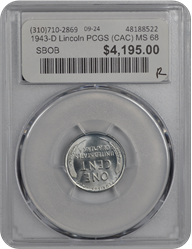 1943-D Lincoln PCGS (CAC) MS 68 