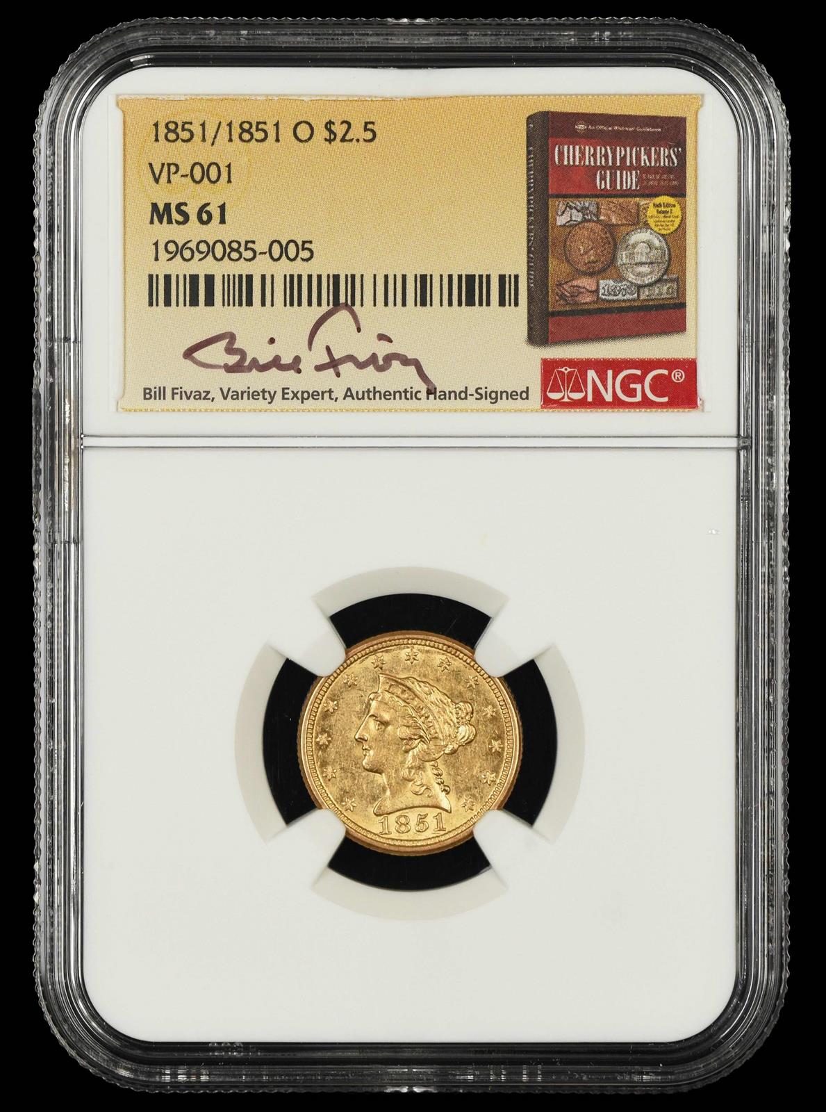 1851/1851 O $2.5 Gold VP-001 Bill Fivaz Signature Label NGC MS 61