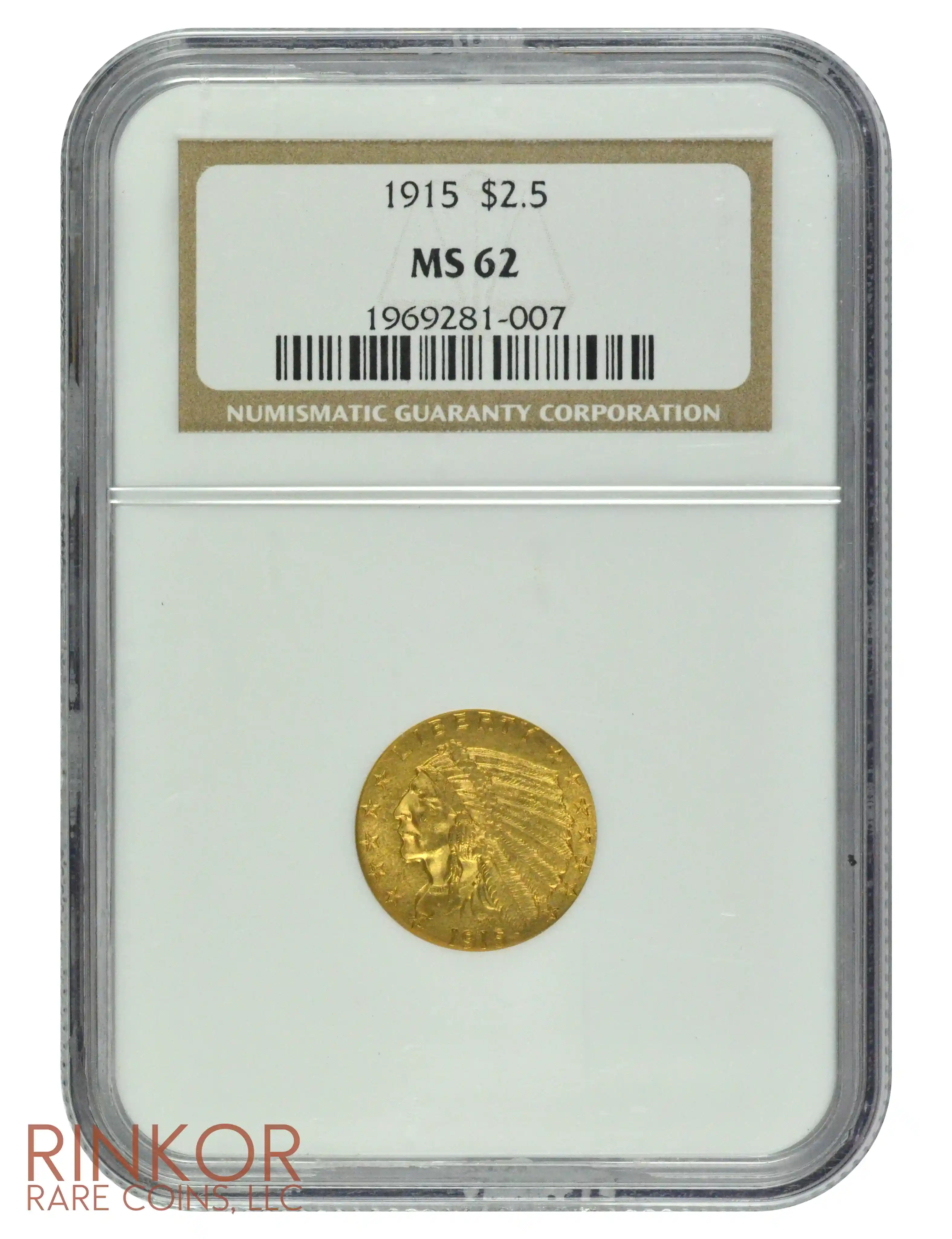 1915 $2.50 Indian Head NGC MS 62 