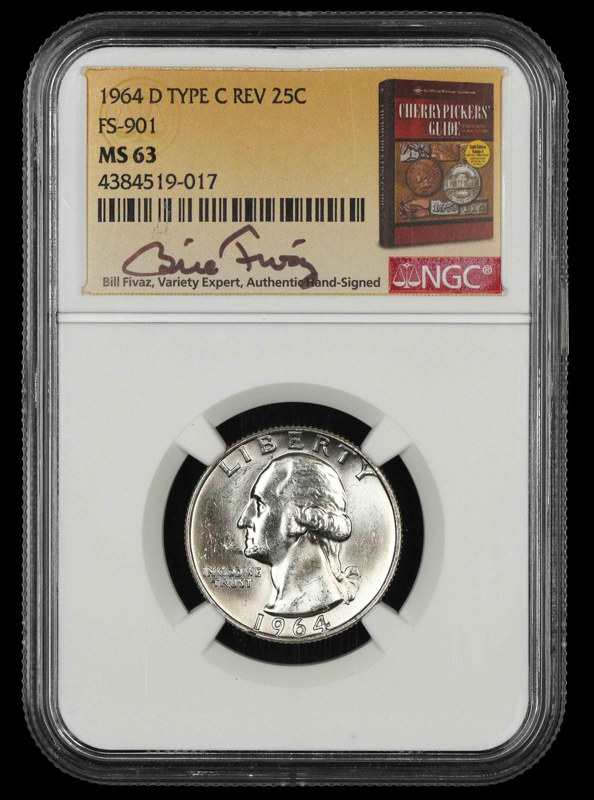 1964 D Washington Quarter NGC MS63 Type C Reverse FS-901 Bill Fivaz Signature Label MS63