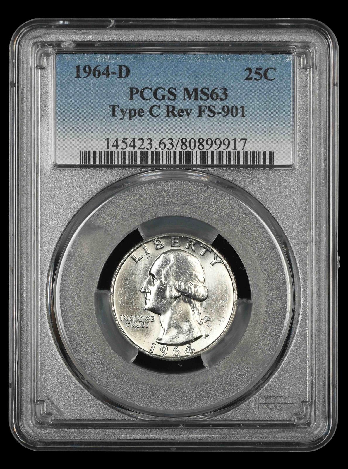 1964 D Washington Quarter PCGS MS63 Type C Reverse FS-901 MS63
