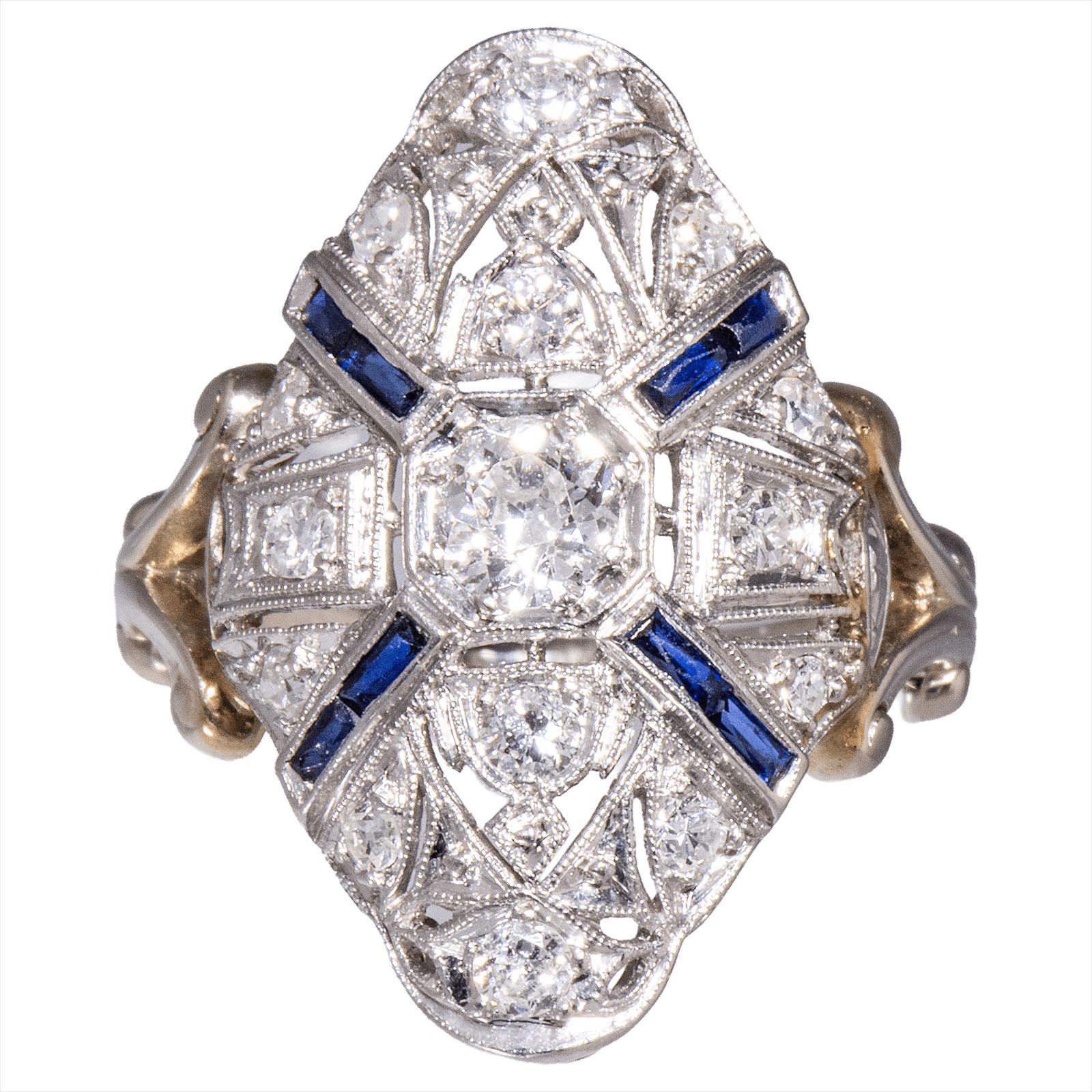 14kt White Gold Old Mine Cut 0.60 ctw Diamond and Sapphire Womens Ring - Handmade - est Size 6.25 