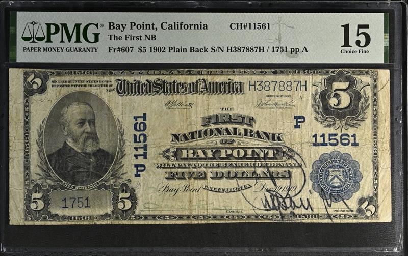 Fr. 607 1902 Bay Point, California National Bank Plain Back $5 PMG 15 