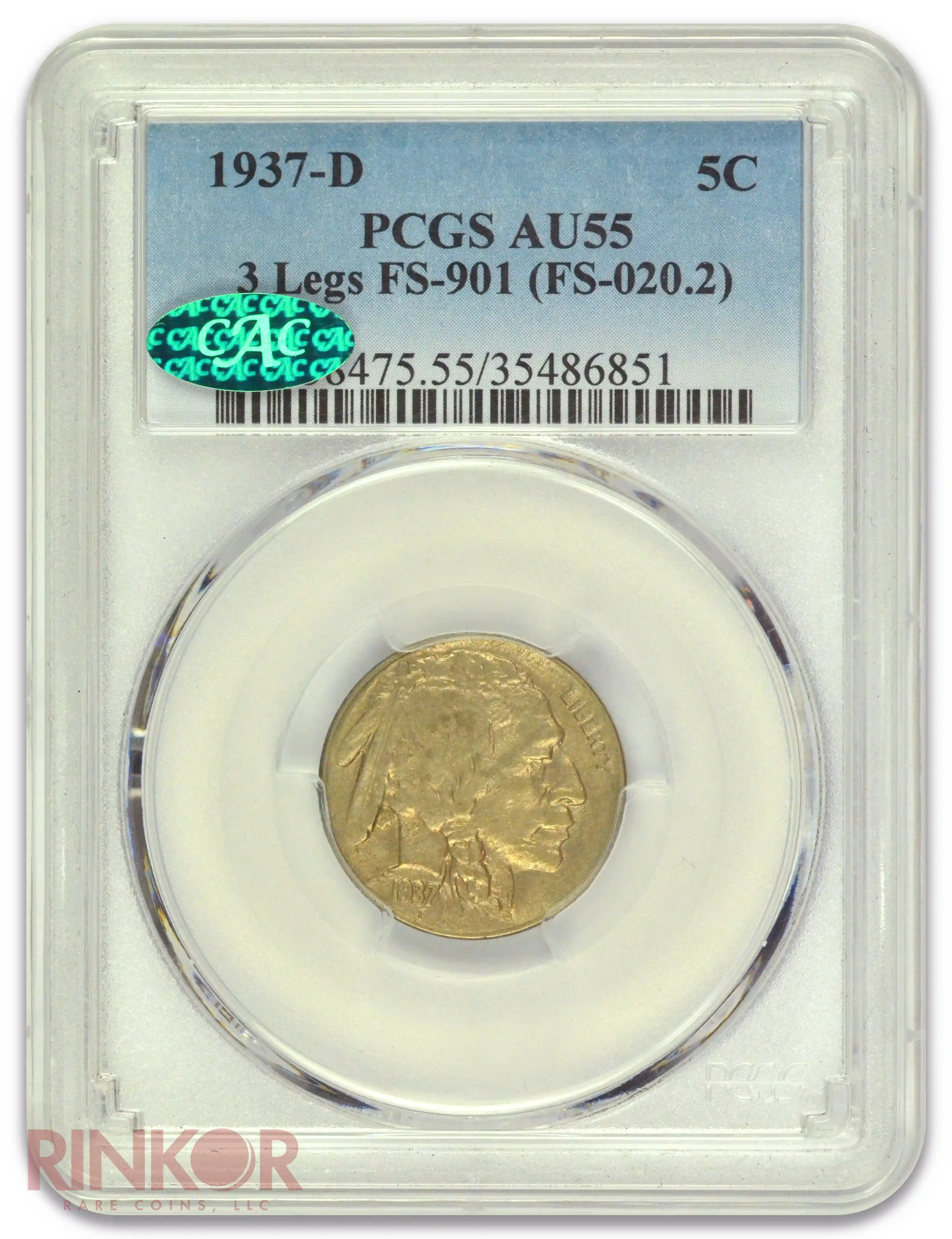 1937-D 3 Legs FS-901 Buffalo Nickel PCGS AU-55 CAC