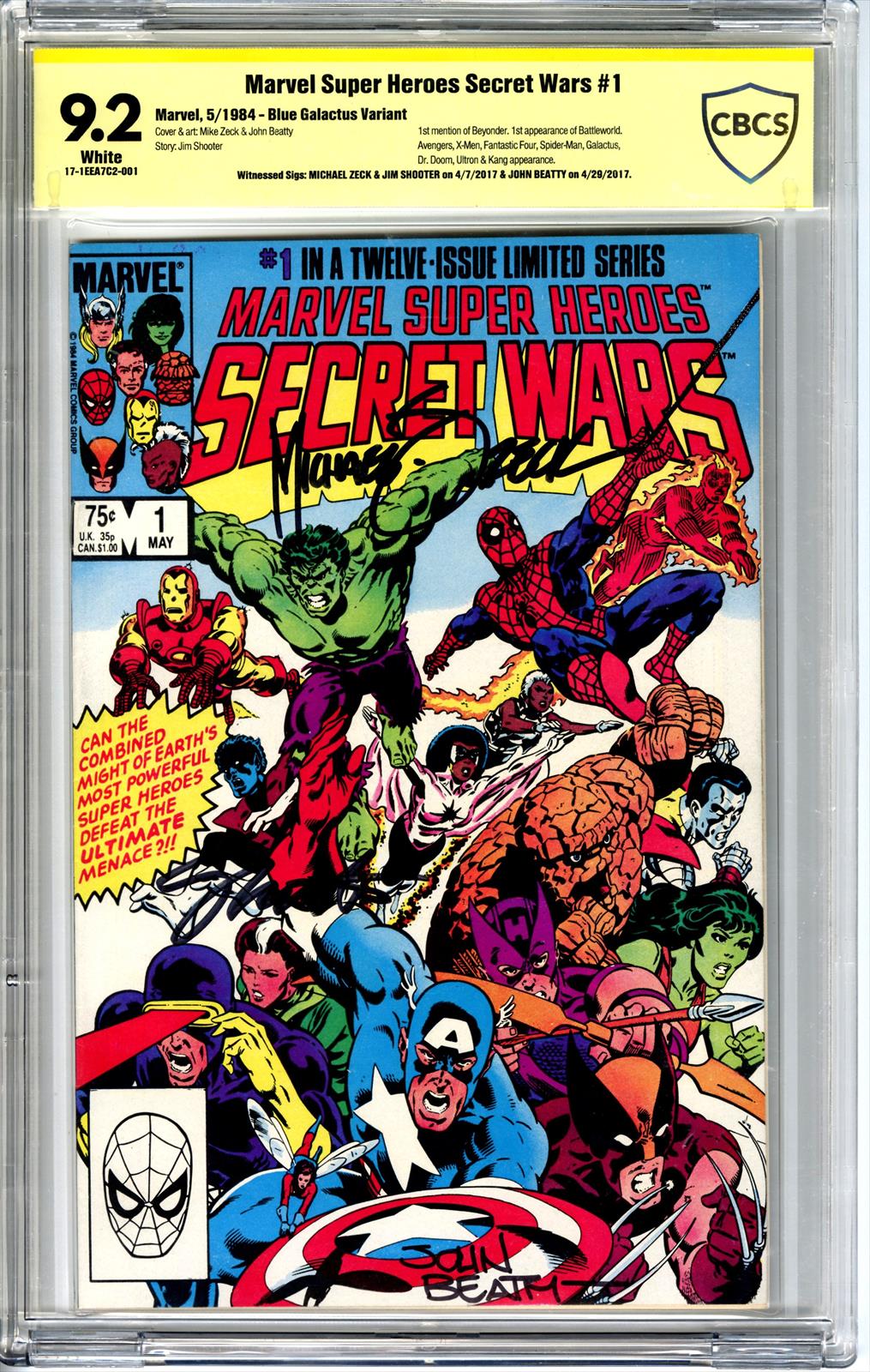Marvel Super Heroes Secret Wars #1 CBCS 9.2 Signed by Jim Shooter , Mike Zeck, & John Beatty (Blue Galactus Variant) 