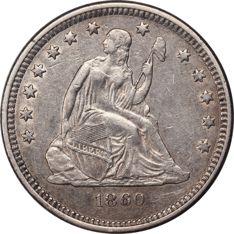 1860-O, Weak O,  Seated Liberty Quarter 25c  Circulated AU - Nice and Original