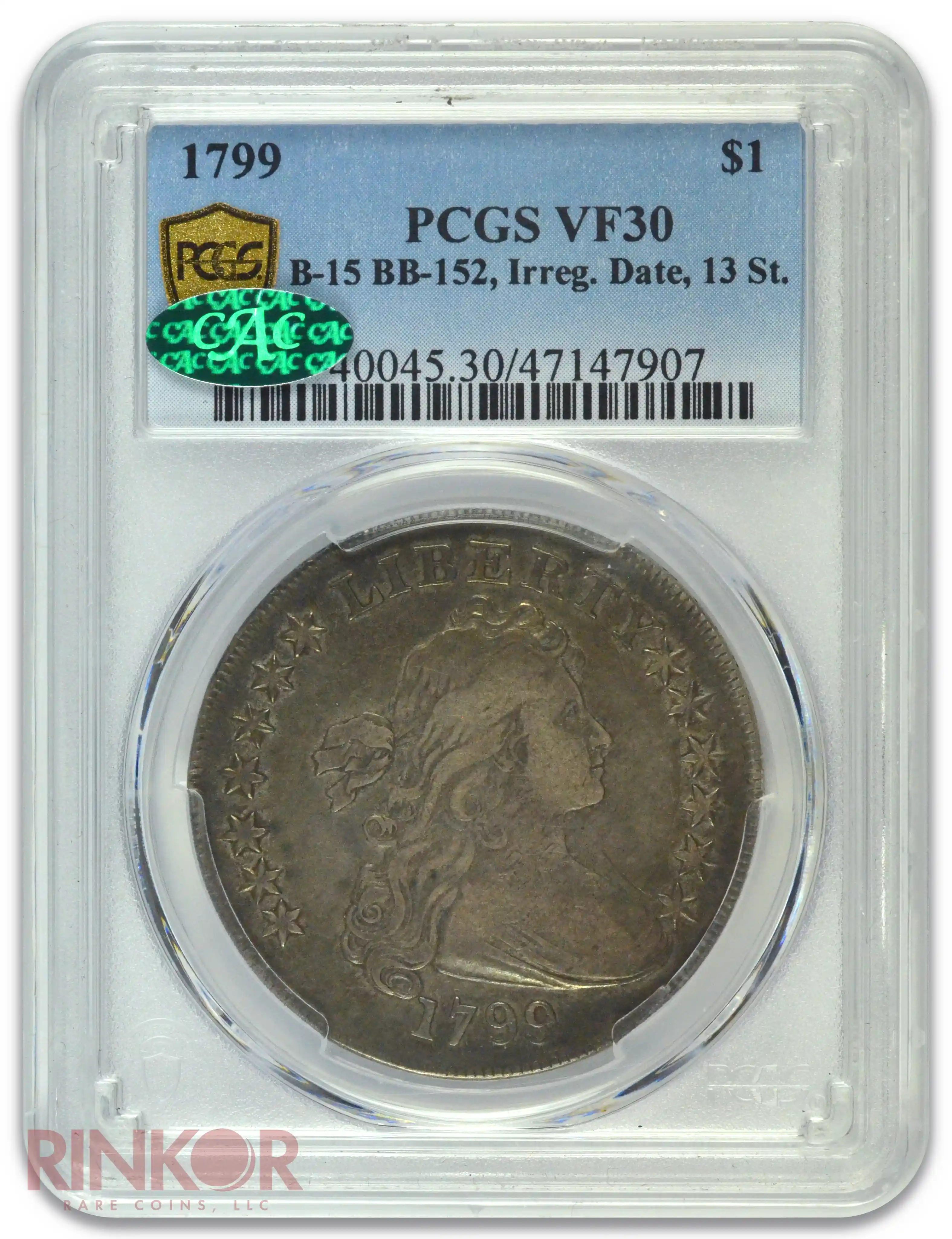 1799 $1 Draped Bust Dollar B-15 BB-152 Irregular Date 13 Stars PCGS VF-30 CAC