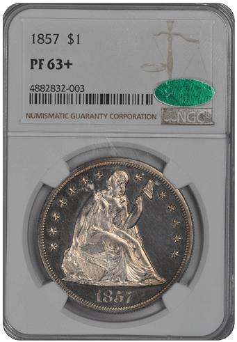 1857  Seated Liberty Dollar NGC (CAC) PF 63 + 