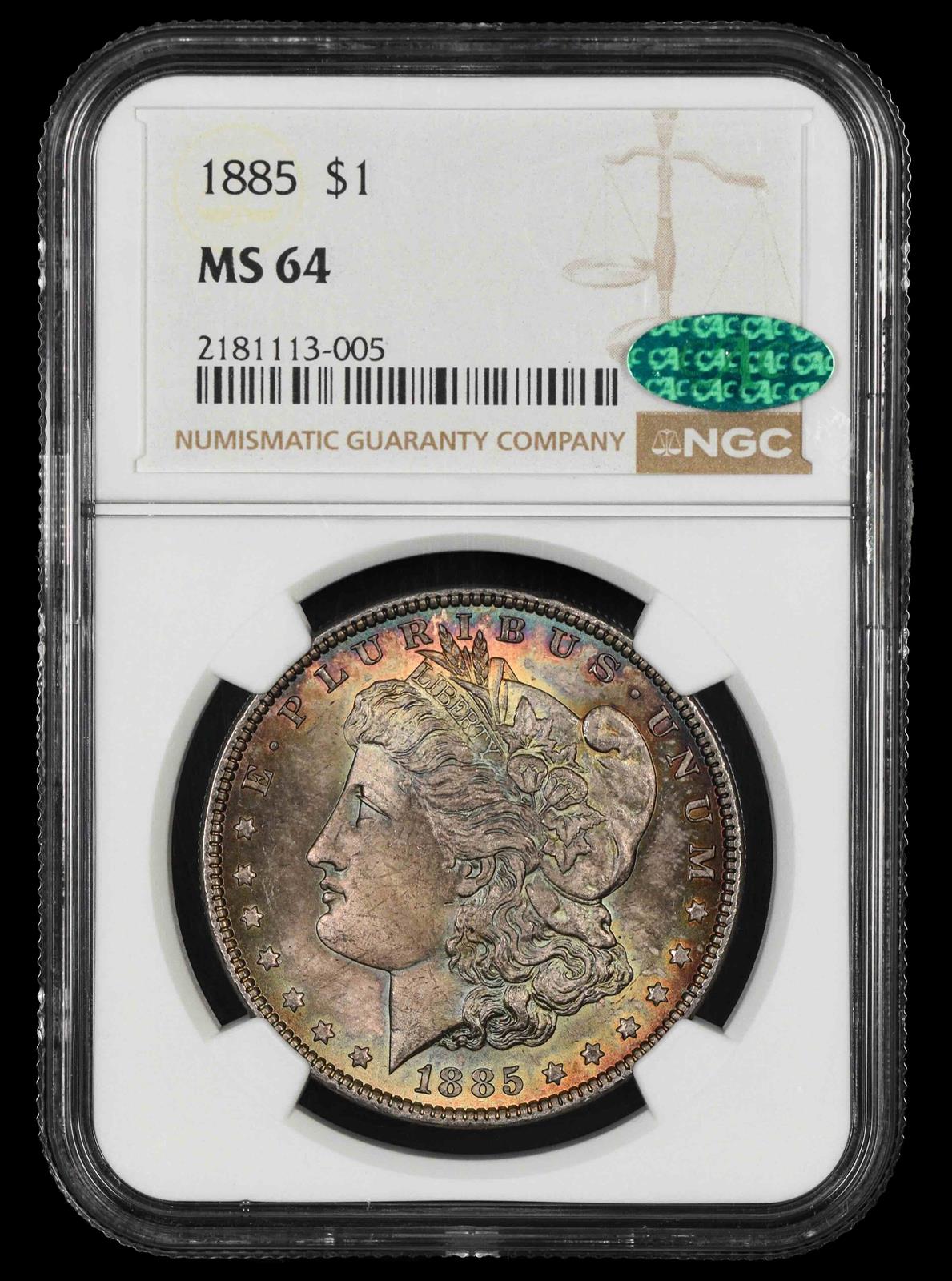 1885 $1 Attractively Toned NGC MS 64 CAC