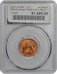 1955-S Lincoln PCGS (CAC) RD 67+ 