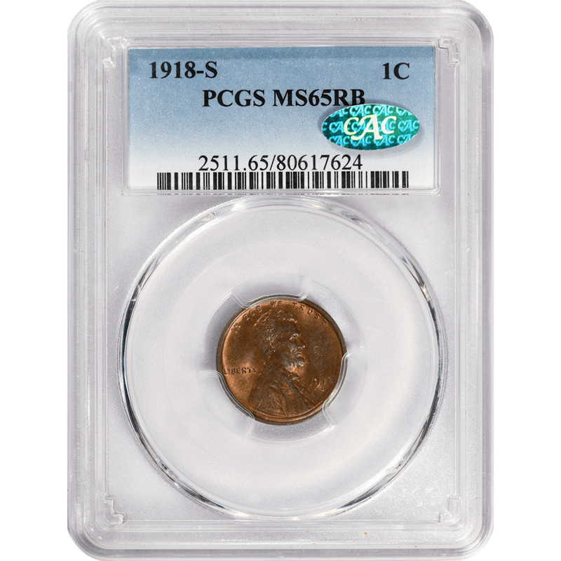1918-S Lincoln Cent 1c, PCGS  MS65RB CAC - Lots of Red - Nice Coin