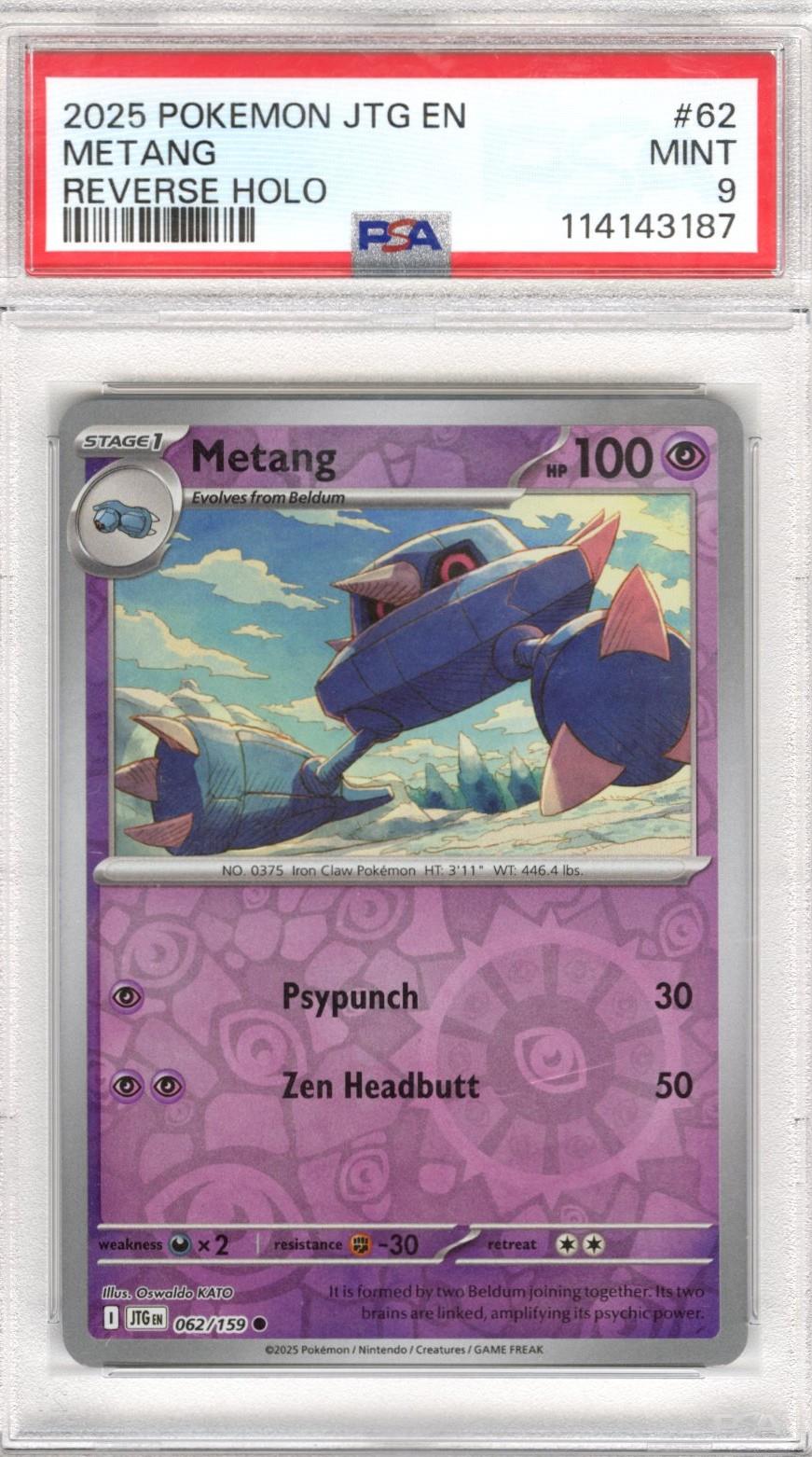 2025 Pokemon JTG En Metang Reverse Holo #62 PSA Mint 9 