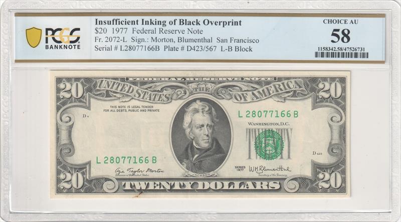 Fr. 2072-L 1977 $20 Error Insufficient Inking of Black Overprint PCGS AU58 