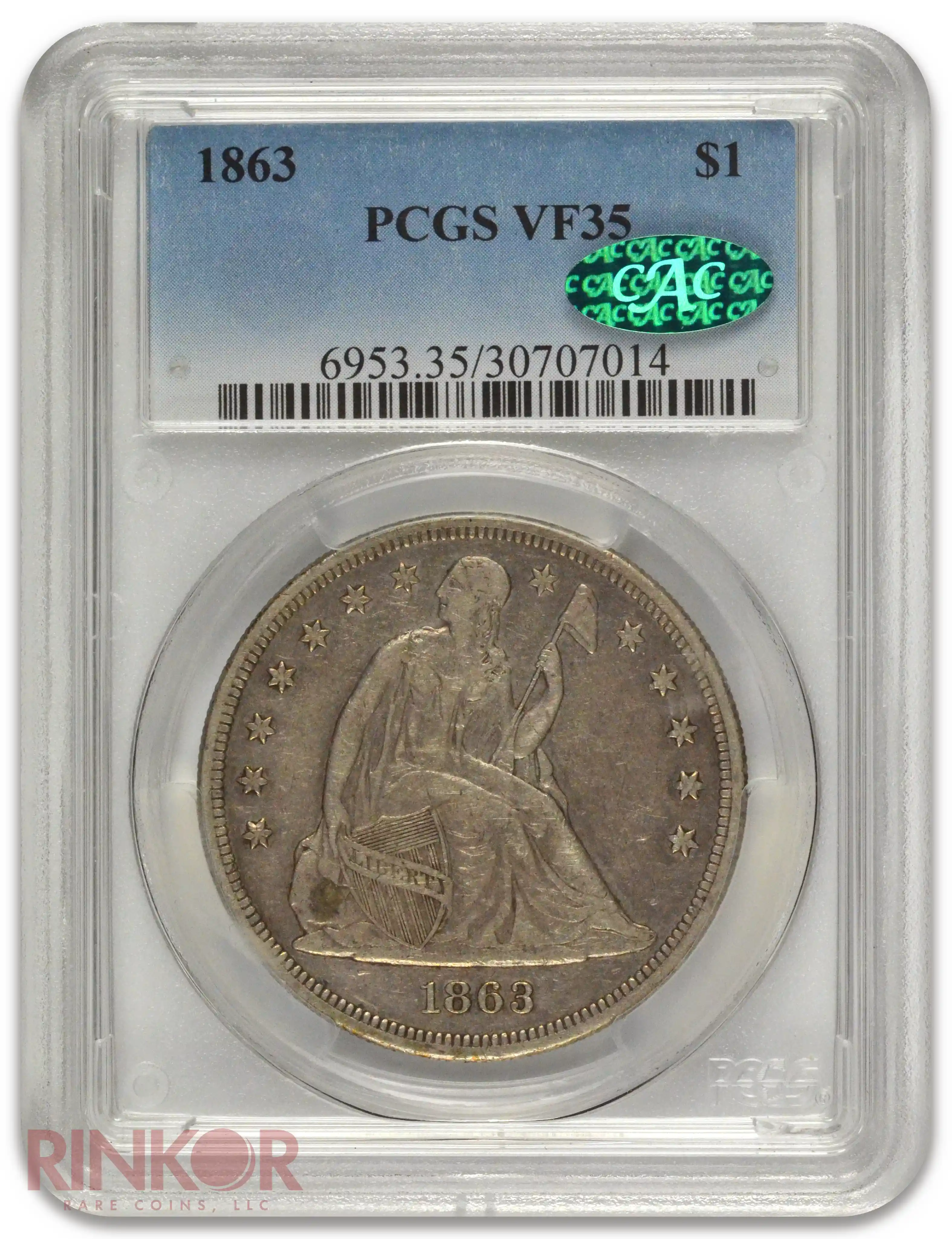 1863 $1 Seated Dollar PCGS VF-35 CAC