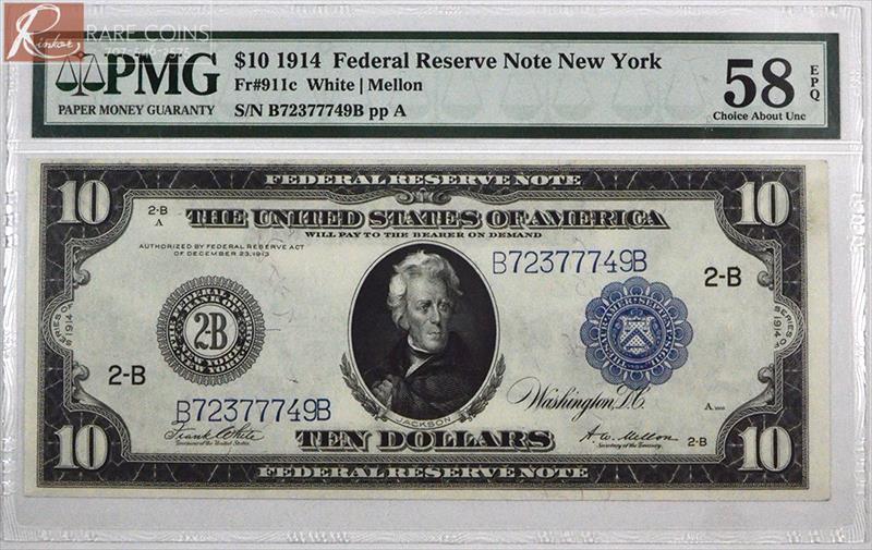 1914 $10 Fr. 911c Federal Reserve Note New York PMG AU-58 EPQ