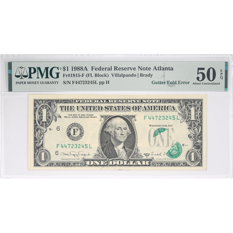 1988 $1 Federal Reserve Note, Fr. 1915-F, PMG  AU 50 EPQ - Gutter Fold Error