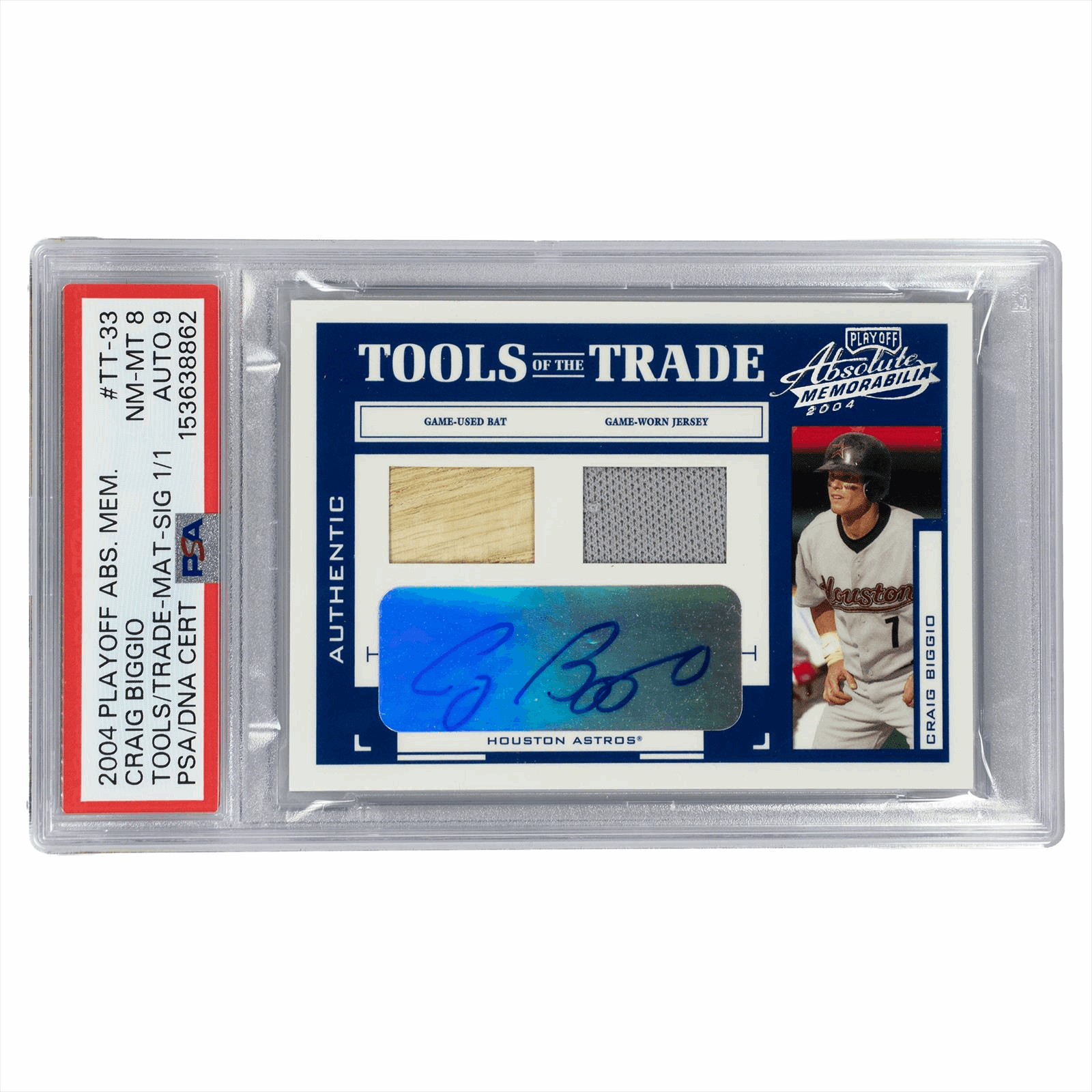 2004 Playoff Absolute Memorabilia Craig Biggio Tools/Trade-MAT-SIG 1/1 #TT-33 PSA/DNA NM-MT 8 AUTO 9