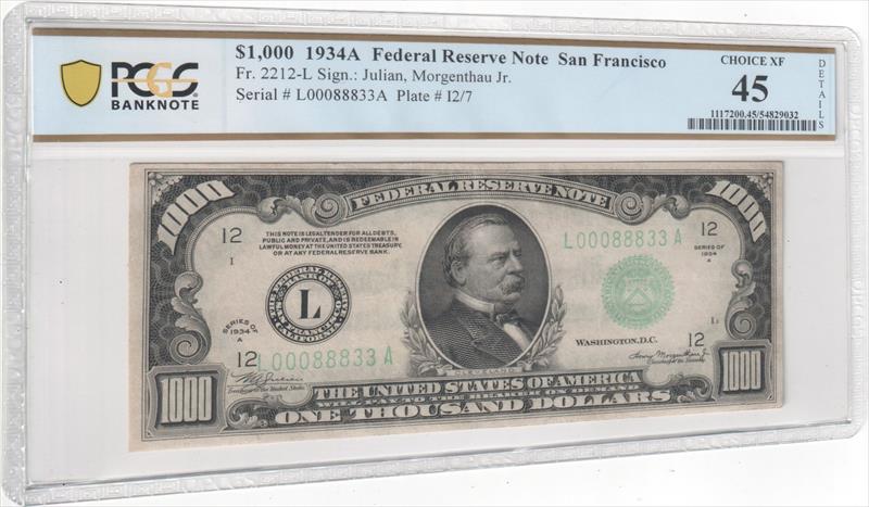 Fr. 2212-L 1934A Federal Reserve Note-San Francisco $1000 PCGS  EF45