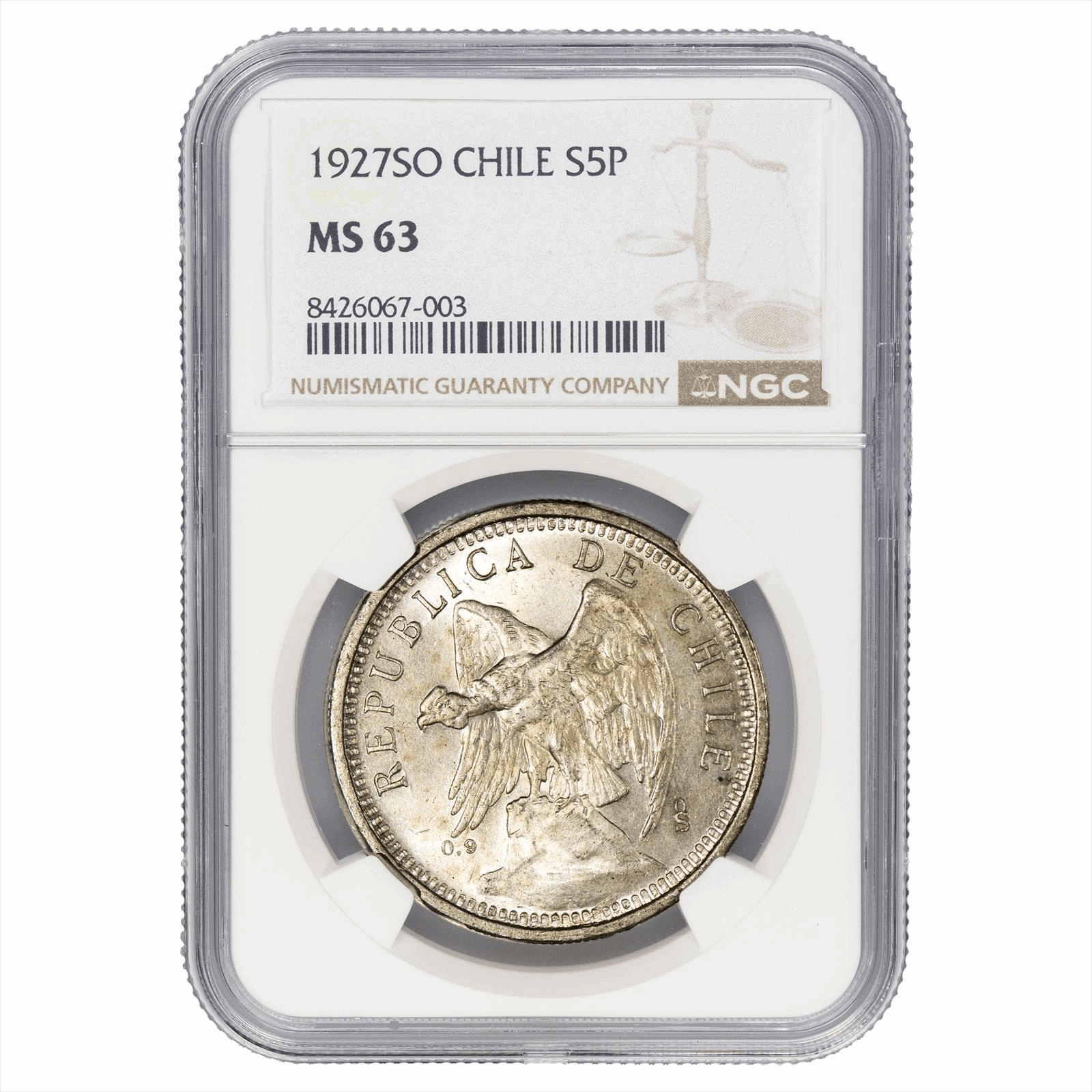 1927SO Chile S5 Peso NGC MS 63