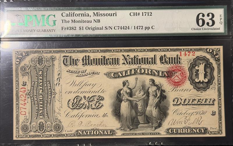 Fr #382 1870 $1 California, Missouri Ch# 1712 National Currency PMG CU 63 EPQ 