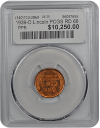 1939-D Lincoln PCGS RD 68 