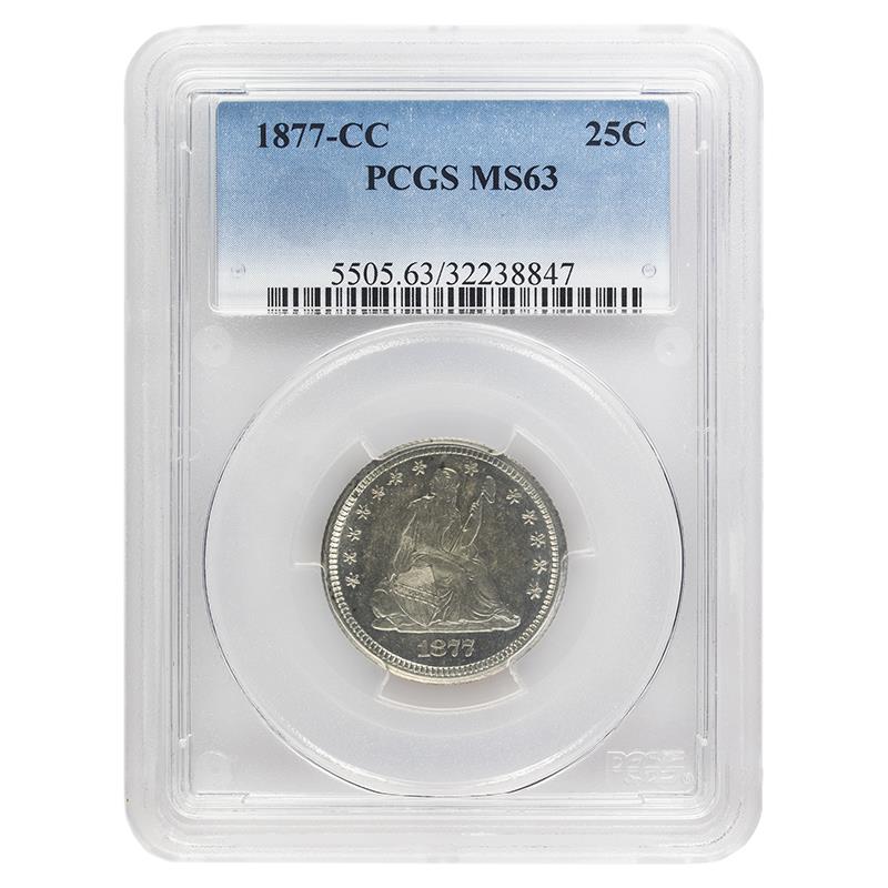 1877-CC Seated Liberty Quarter 25c, PCGS MS63 - White Coin