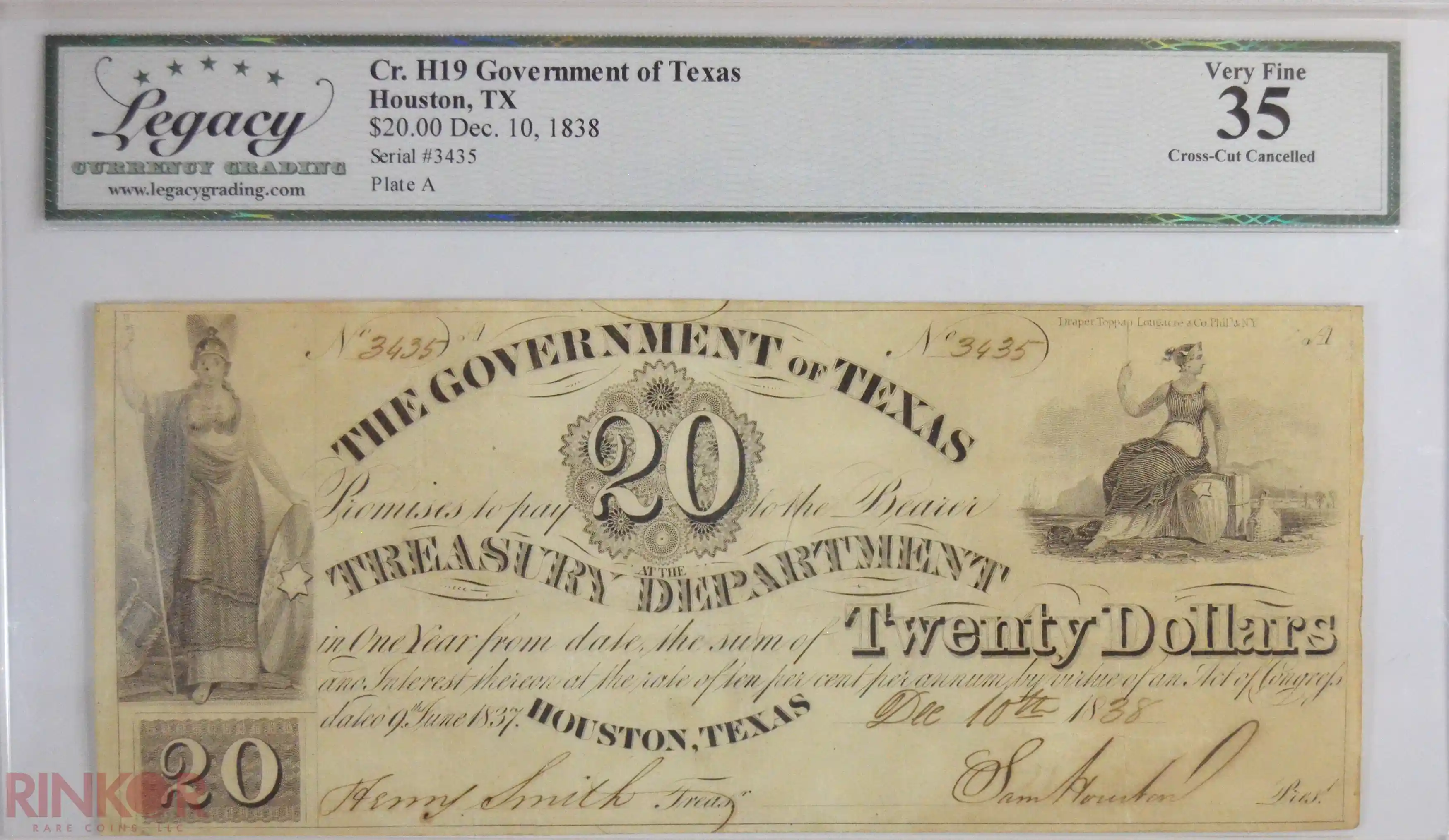 1838 $20 Cr. H19 Government of Texas Cross-Cut Cancelled LCG VF-35
