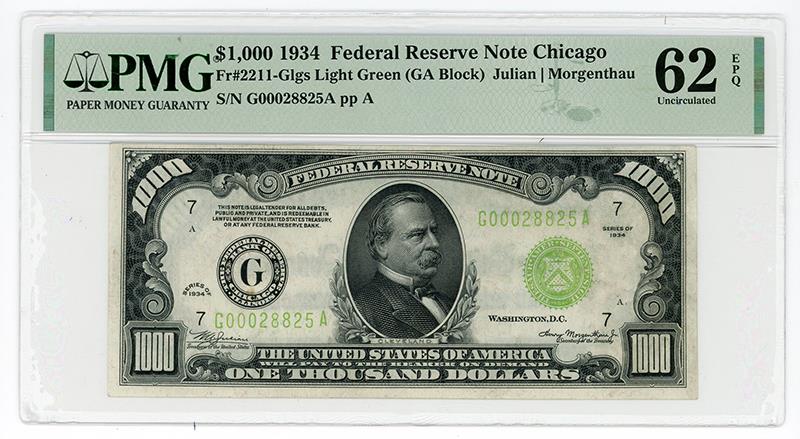 1934 $1000 Federal Reserve Note CHICAGO Fr# 2211 - PMG UNC 62 EPQ