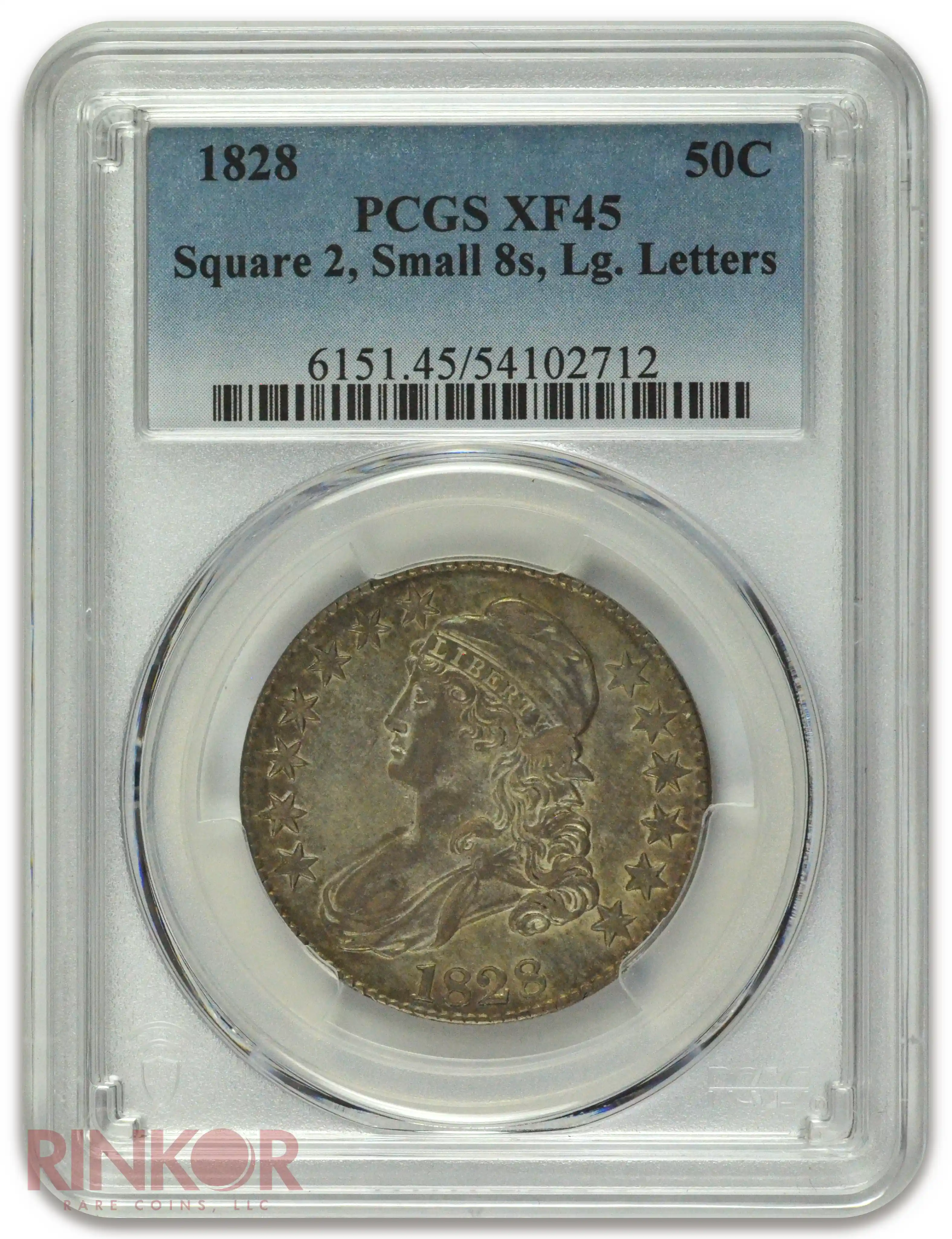1828 Square Base 2 Small 8s Large Letters Capped Bust Half Dollar PCGS XF-45