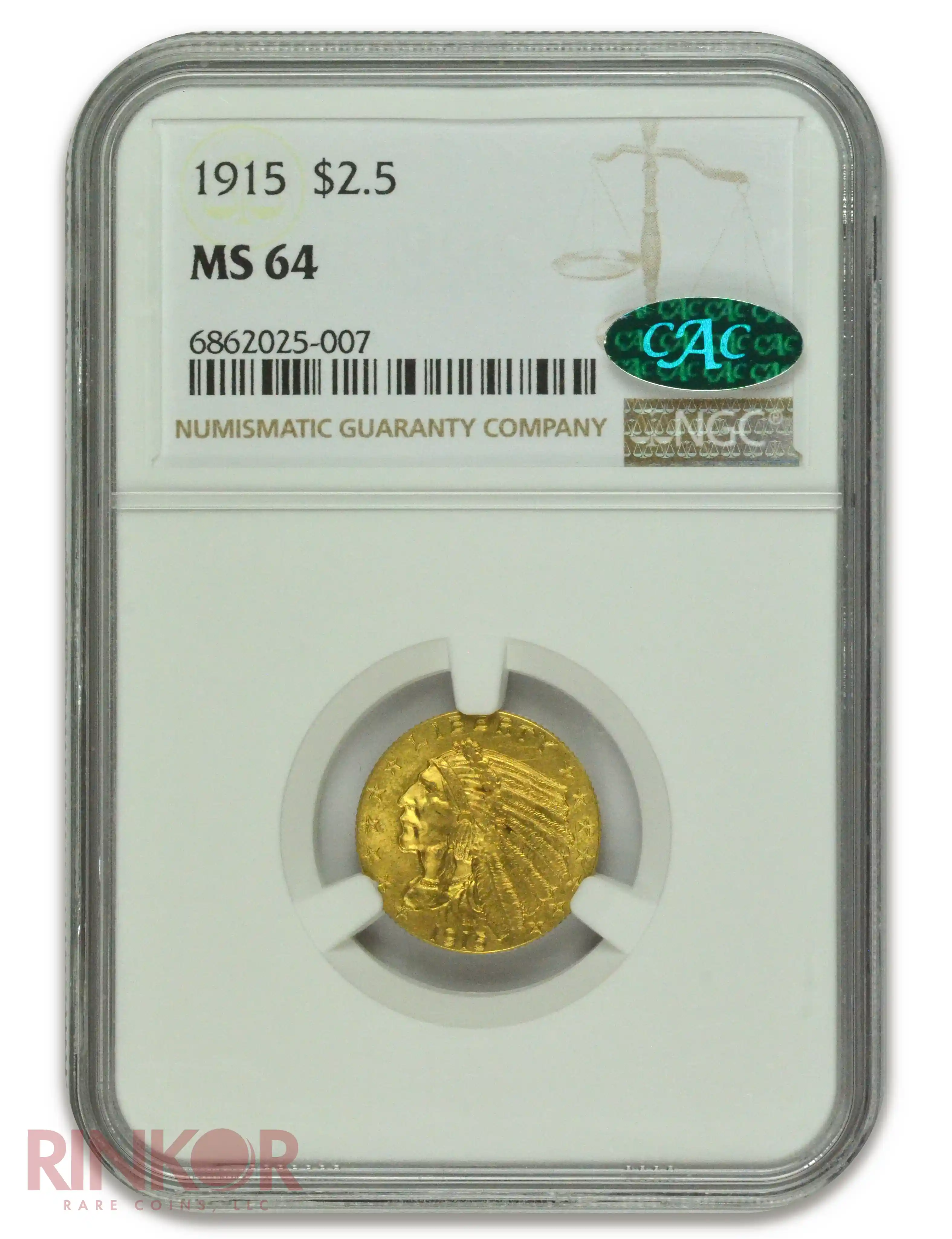 1915 $2.50 Indian Head NGC MS 64 CAC