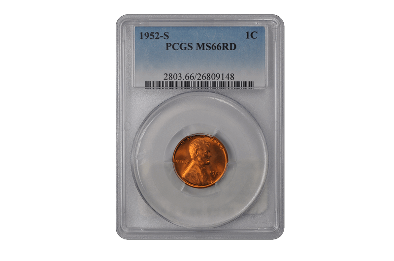 1952-S 1C Lincoln Cent - Type 1 Wheat Reverse PCGS RD #3688-19 MS66