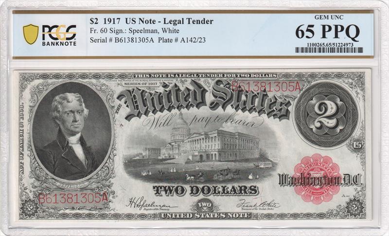 Fr. 60 1917 US Note - Legal Tender $2 PCGS Gem Unc 65 PPQ 